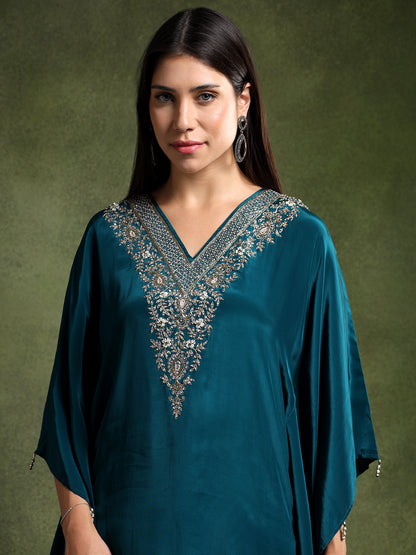 Blue Crepe Hand Embroidered Kaftan with Pants