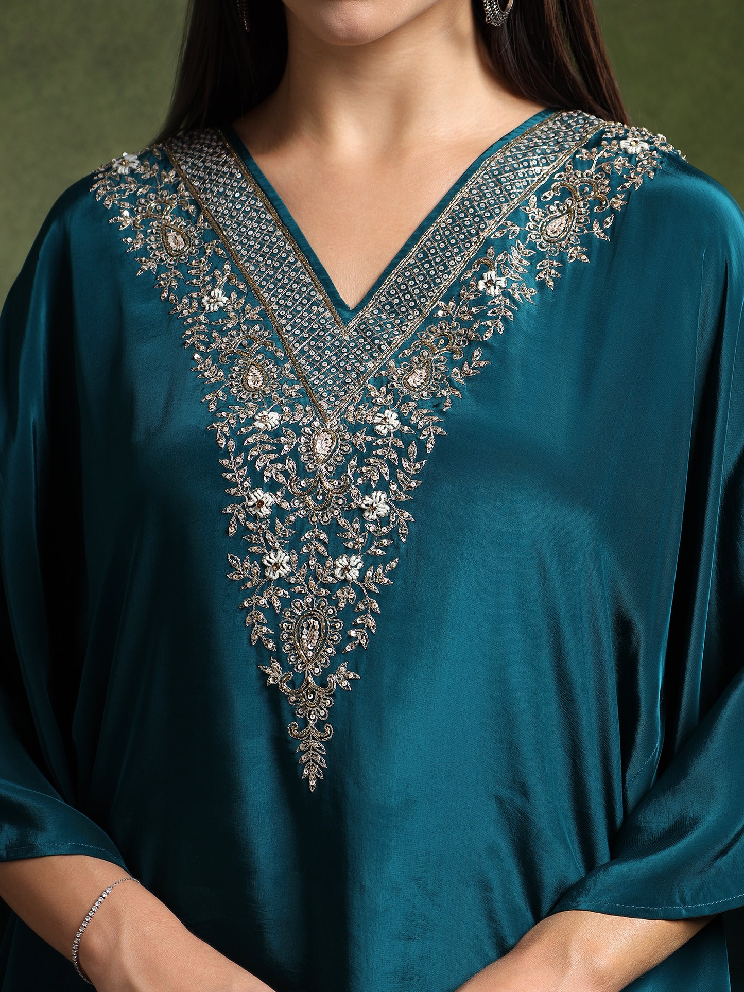 Blue Crepe Hand Embroidered Kaftan with Pants