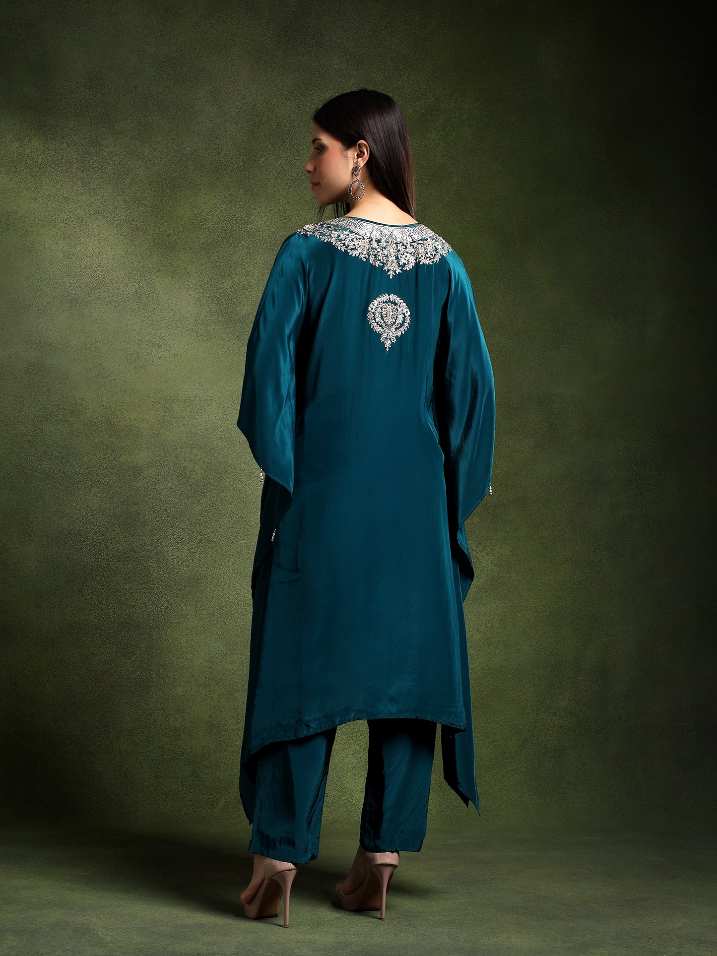Blue Crepe Hand Embroidered Kaftan with Pants