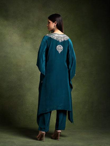 Blue Crepe Hand Embroidered Kaftan with Pants
