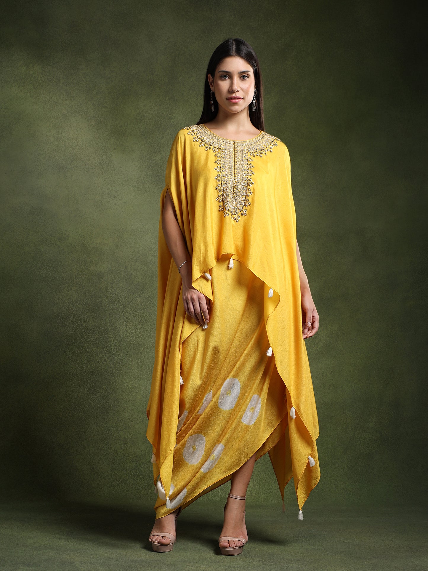 Chrome Yellow Batik Print Cowl Skirt with Hand Embroidered Kimono
