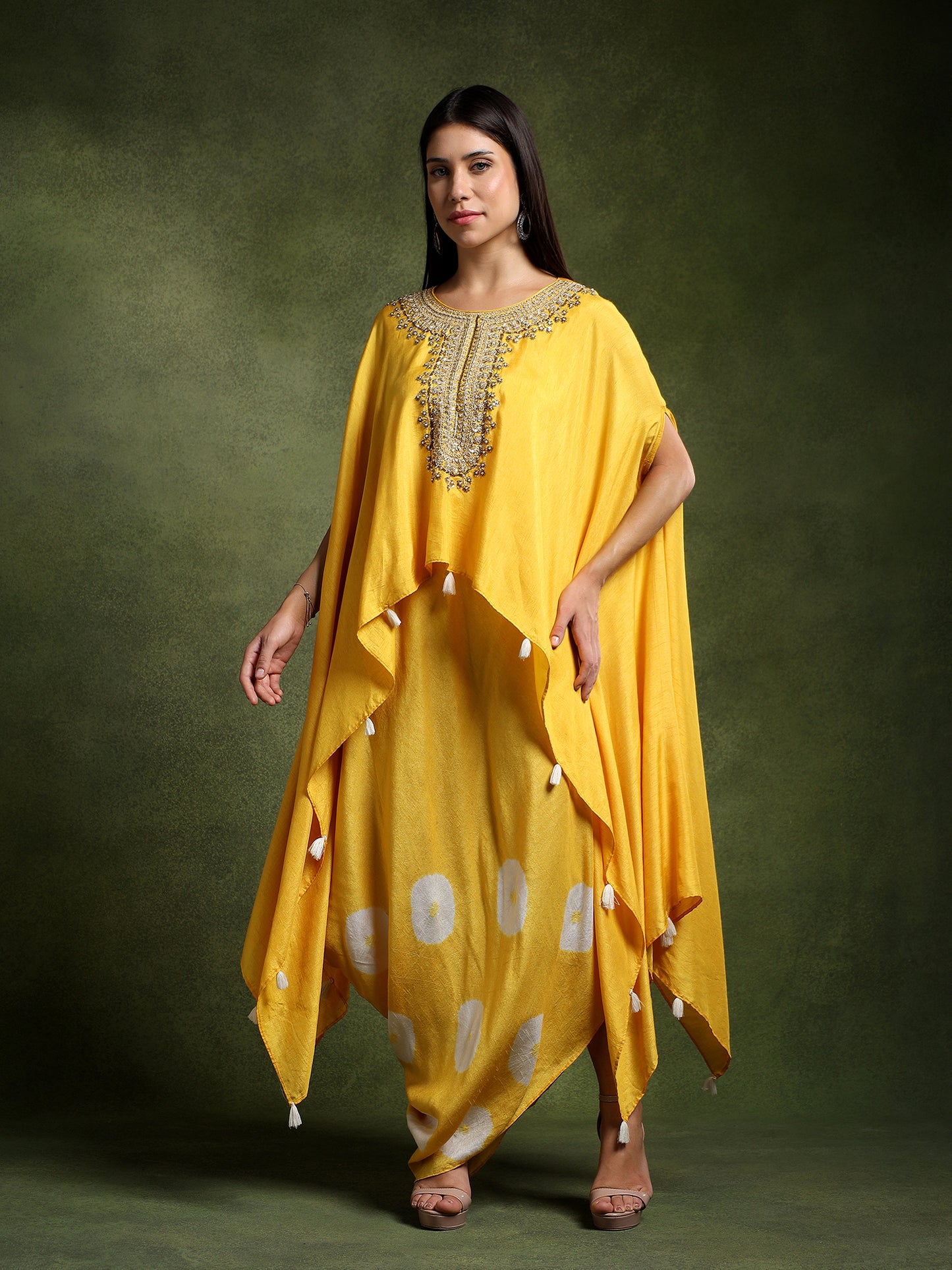 Chrome Yellow Batik Print Cowl Skirt with Hand Embroidered Kimono