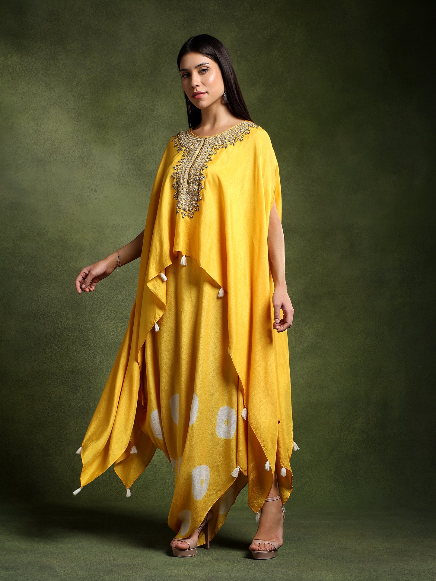 Chrome Yellow Batik Print Cowl Skirt with Hand Embroidered Kimono