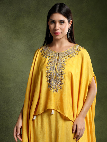 Chrome Yellow Batik Print Cowl Skirt with Hand Embroidered Kimono