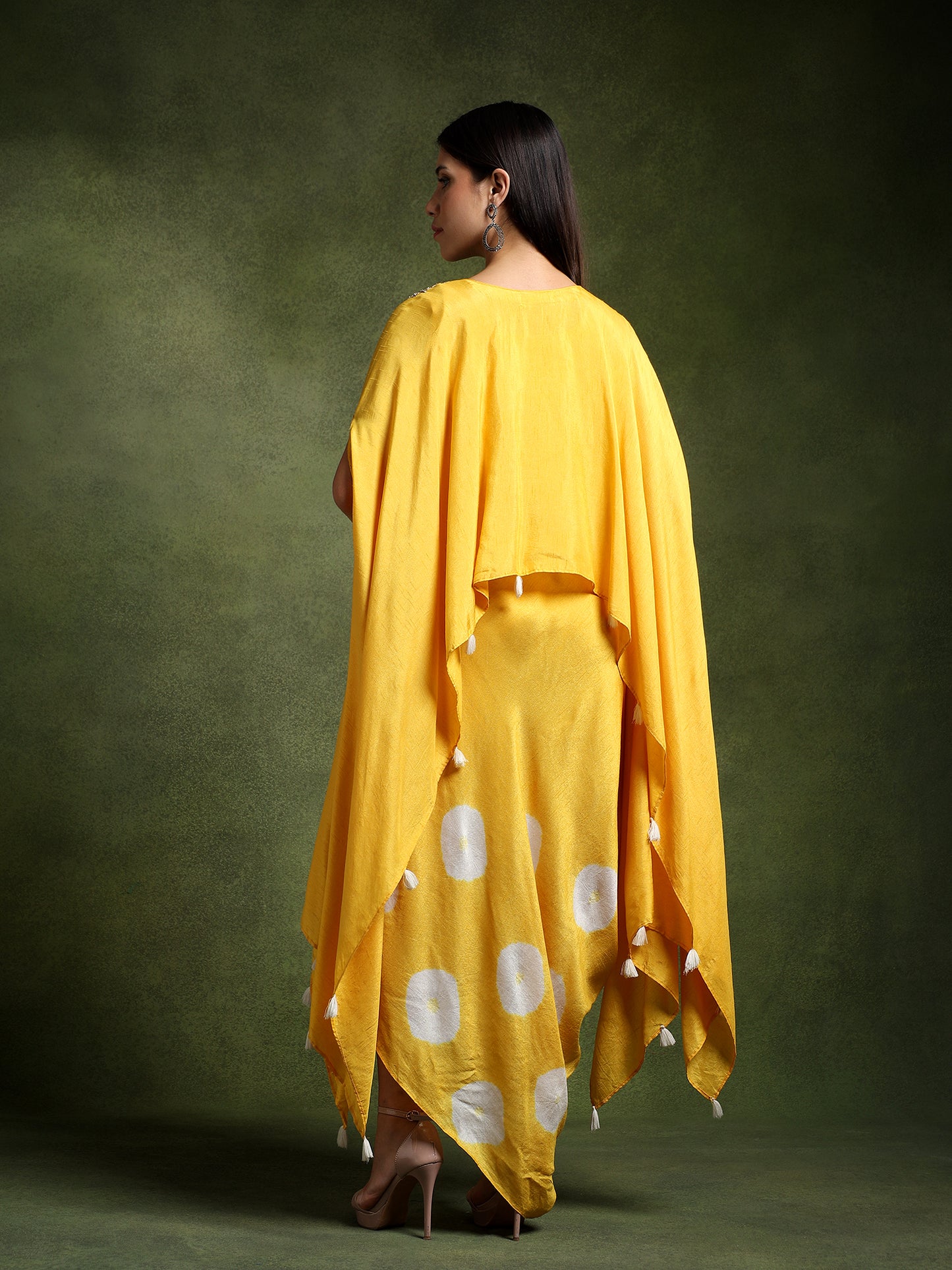 Chrome Yellow Batik Print Cowl Skirt with Hand Embroidered Kimono