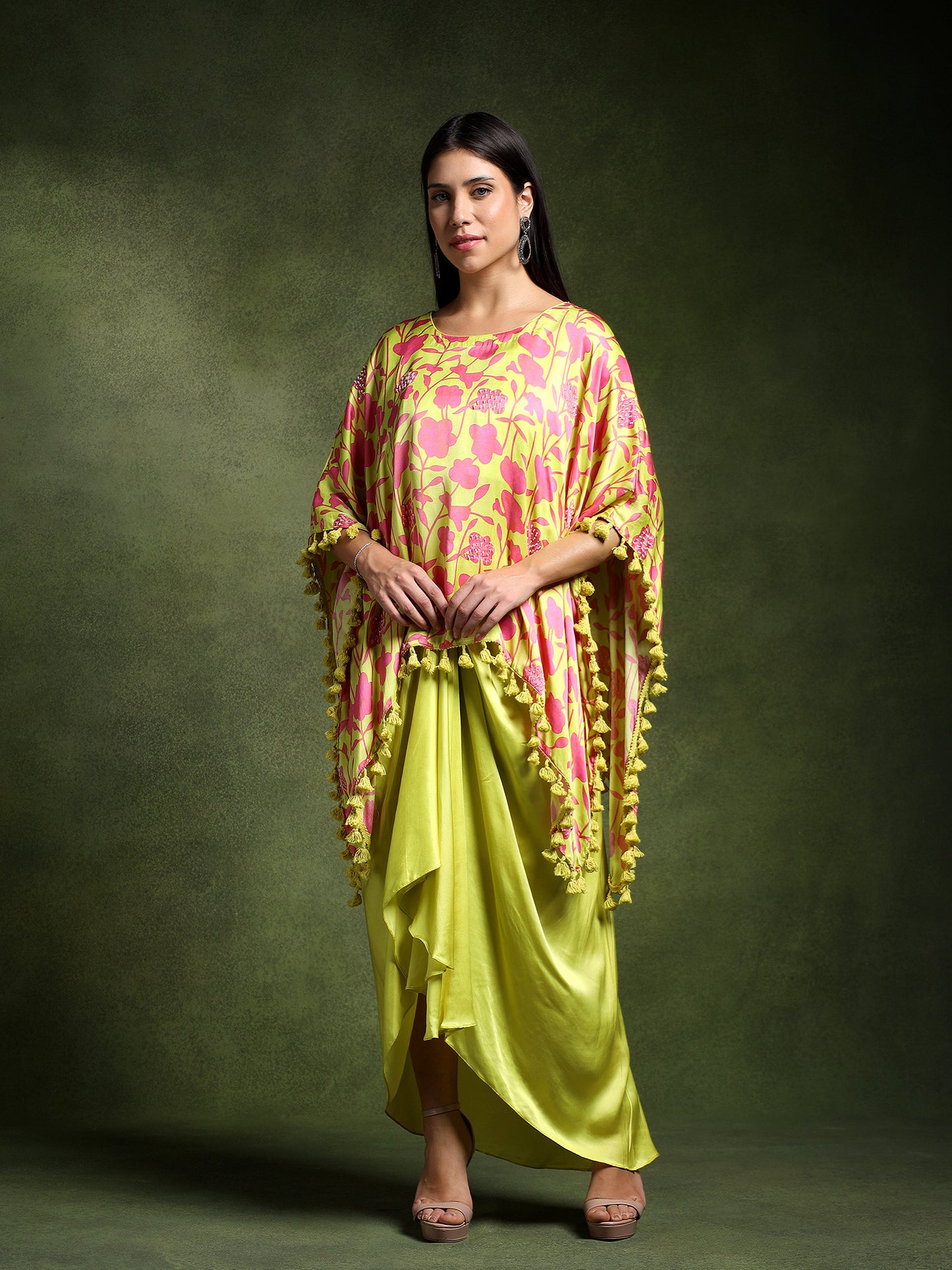 Satin Floral Printed Kimono with Draped Skirt