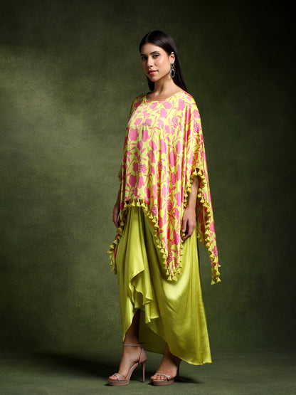 Satin Floral Printed Kimono with Draped Skirt