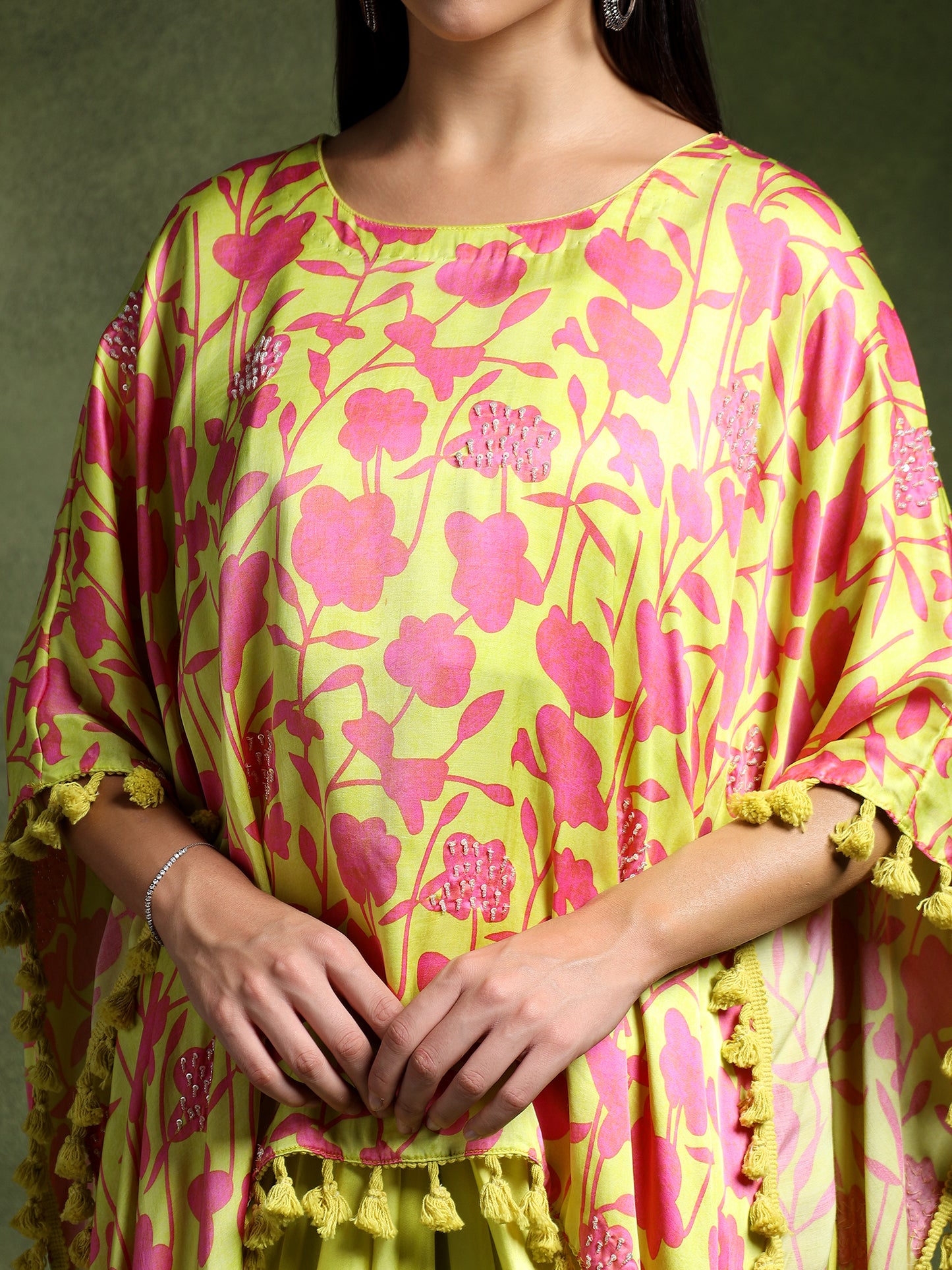 Satin Floral Printed Kimono with Draped Skirt
