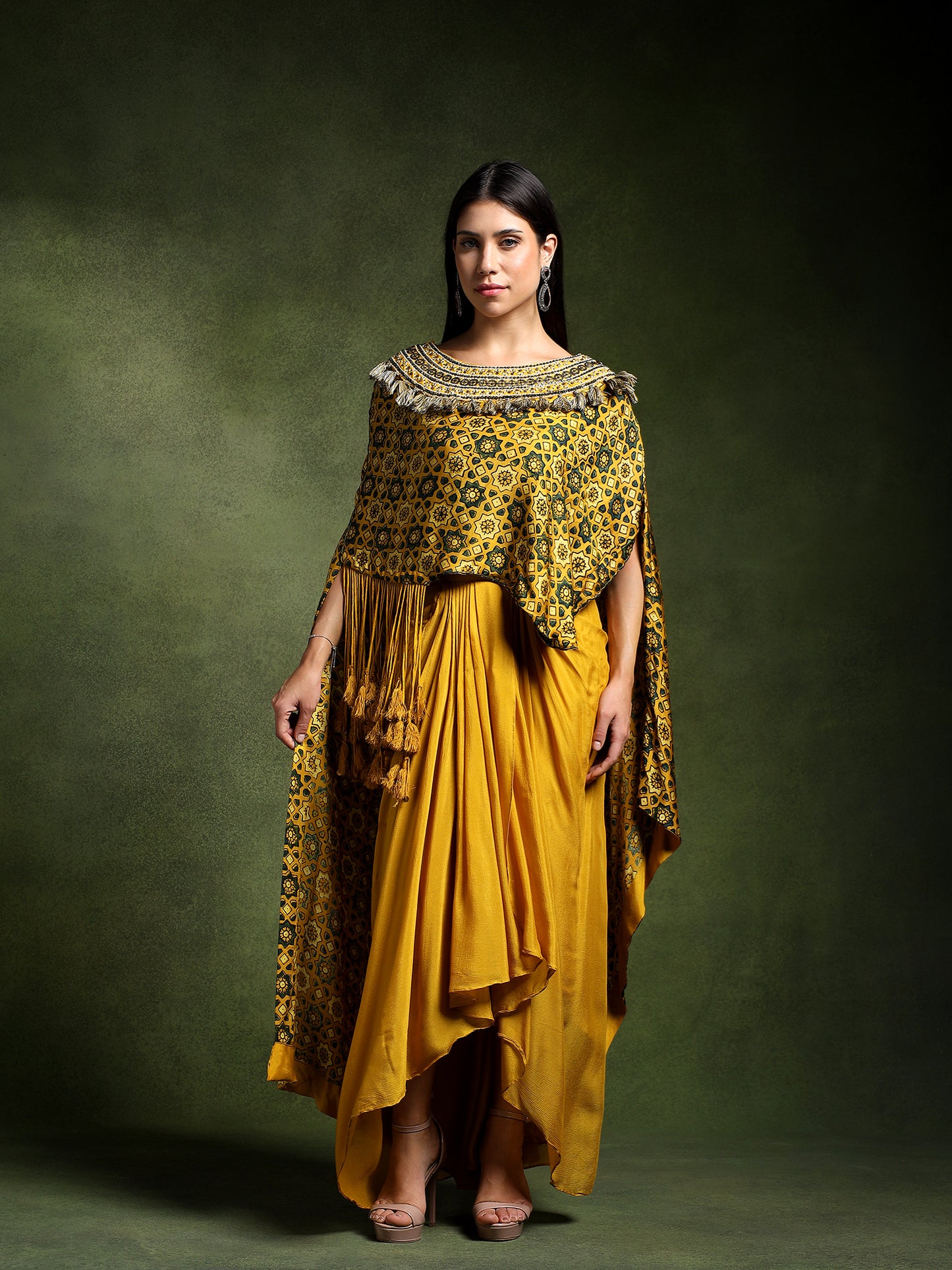 Satin Silk Ajrakh Printed Kimono with Draped Skirt