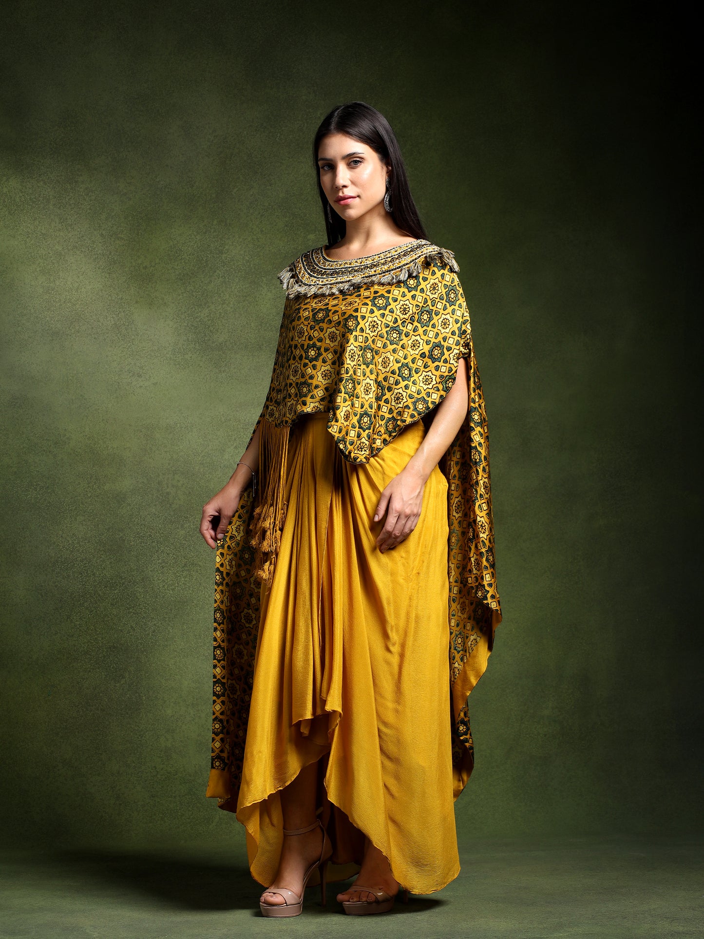 Satin Silk Ajrakh Printed Kimono with Draped Skirt