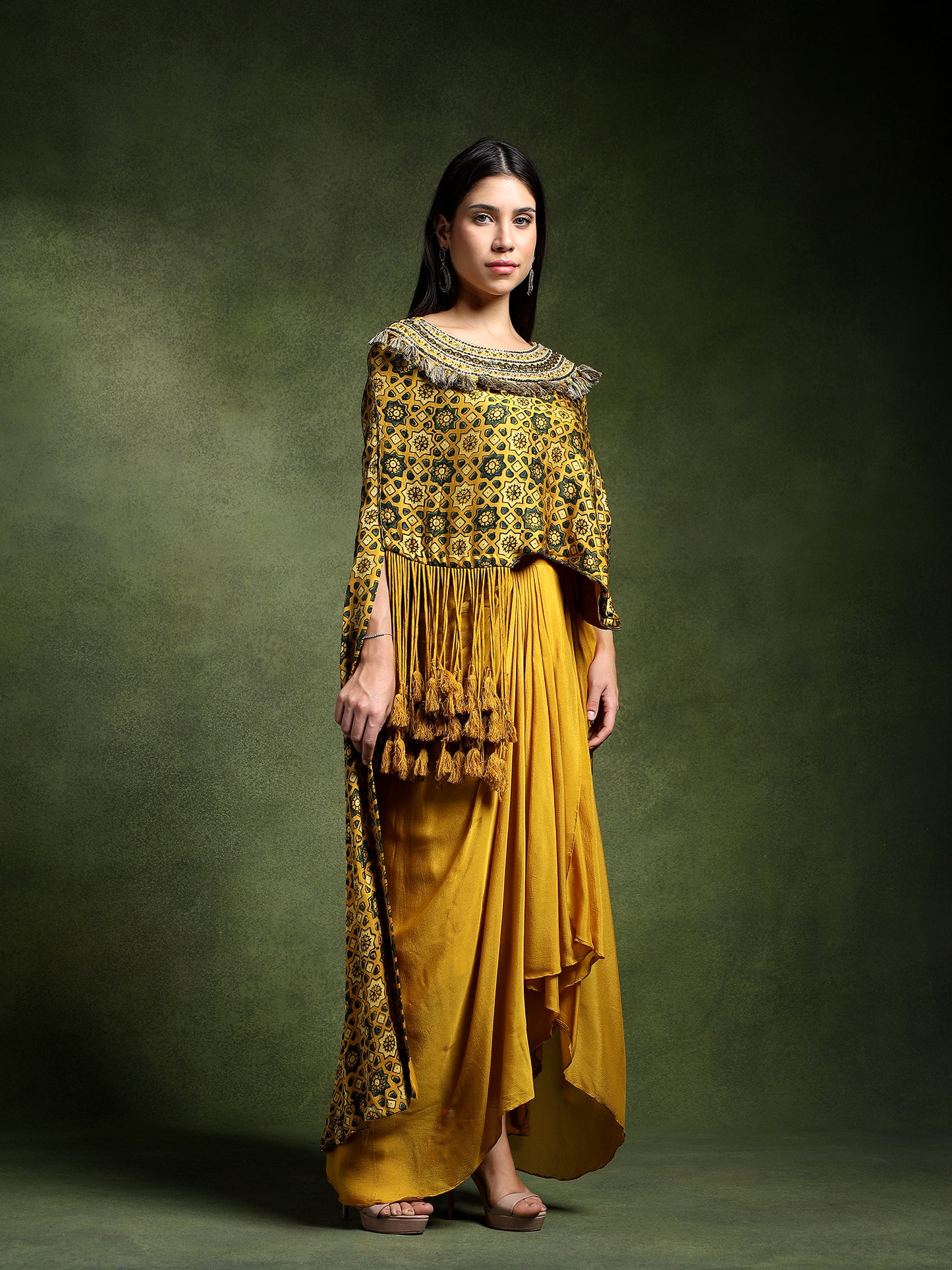 Satin Silk Ajrakh Printed Kimono with Draped Skirt