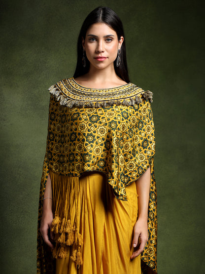 Satin Silk Ajrakh Printed Kimono with Draped Skirt