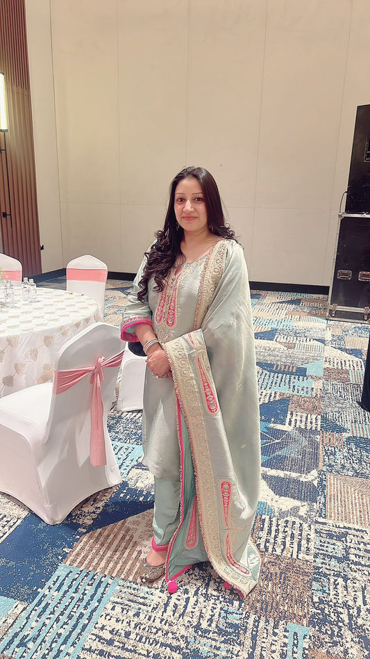 The Customised Mint Green Tissue Silk Suit Set