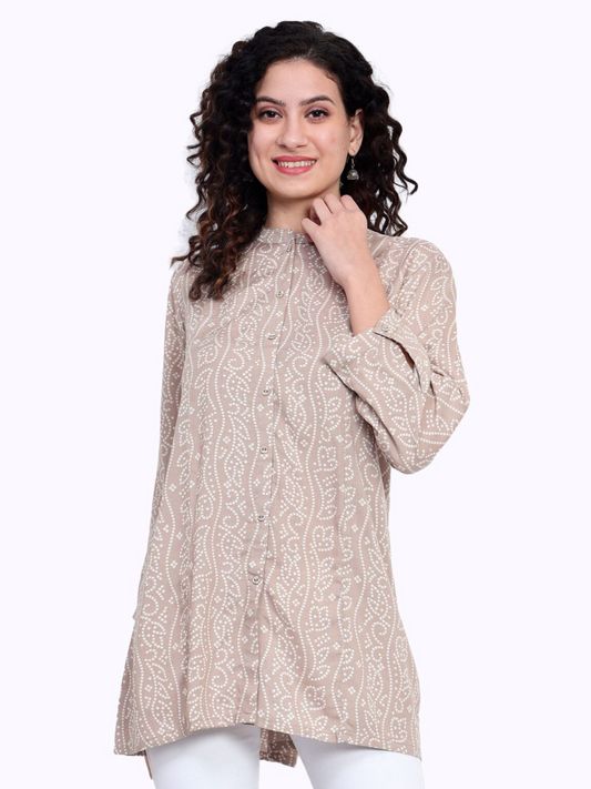 Beige Printed Rayon Silk Kurta