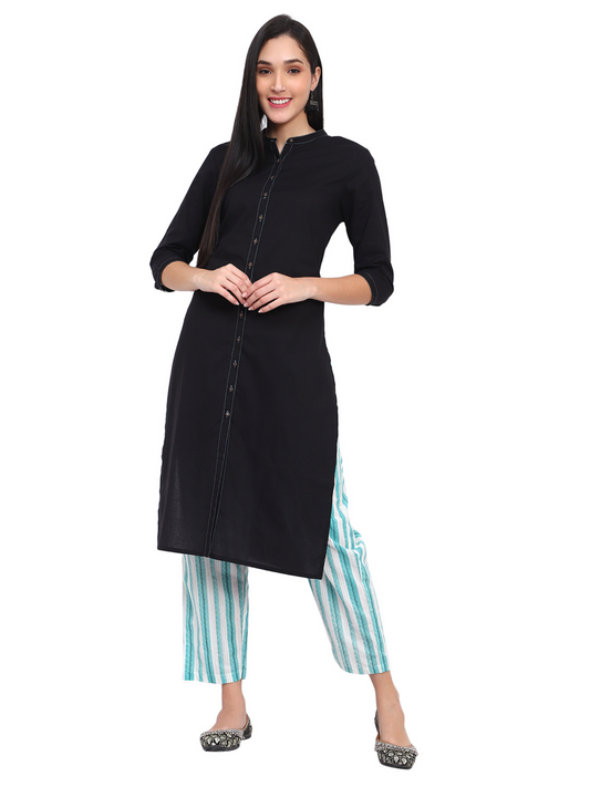 Black Cotton Kurta Blue Striped Pants Kurta