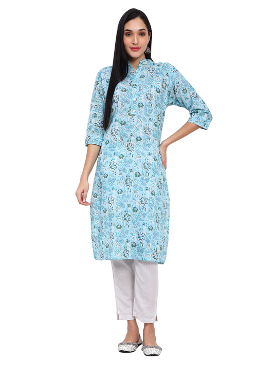 Floral Print straight kurta with mandarin collar