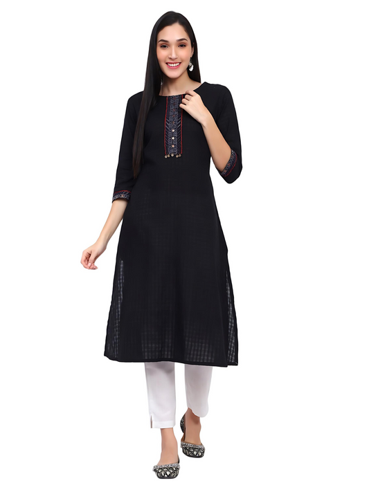 Embroidered Round-Neck A-Line Kurta