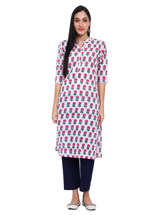 Floral Print Straight Kurta With Mandrin Collar