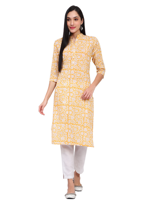 Floral Print Straight Kurta with Mandarin Collar