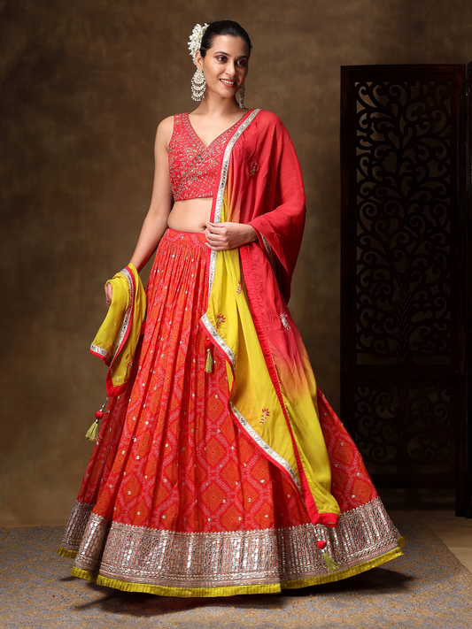 Ruby Pink Chiffon Lehenga Embellished with Thread and Mirror Work