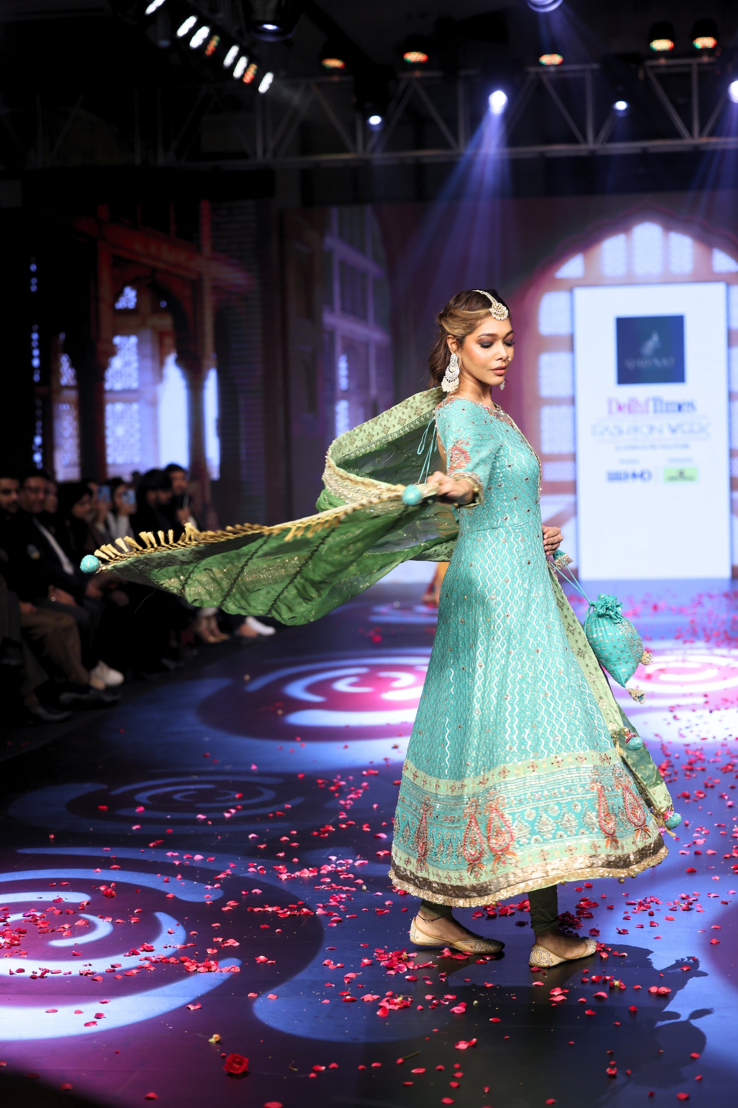 Ghungroo Turquoise Hand-Embroidered Zari Aari Silk Anarkali with Green Dupatta