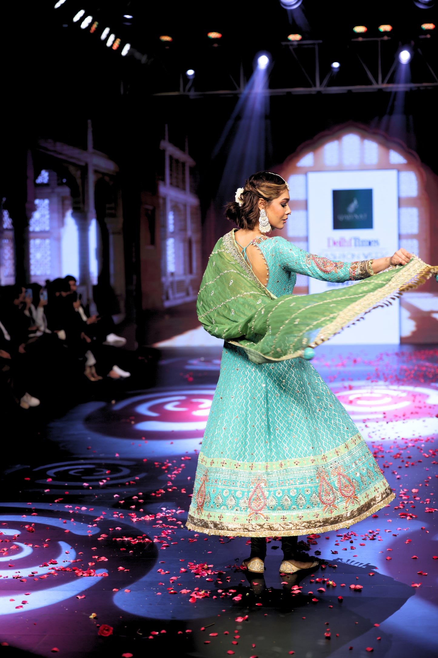 Ghungroo Turquoise Hand-Embroidered Zari Aari Silk Anarkali with Green Dupatta