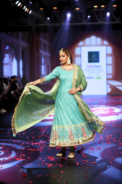 Ghungroo Turquoise Hand-Embroidered Zari Aari Silk Anarkali with Green Dupatta