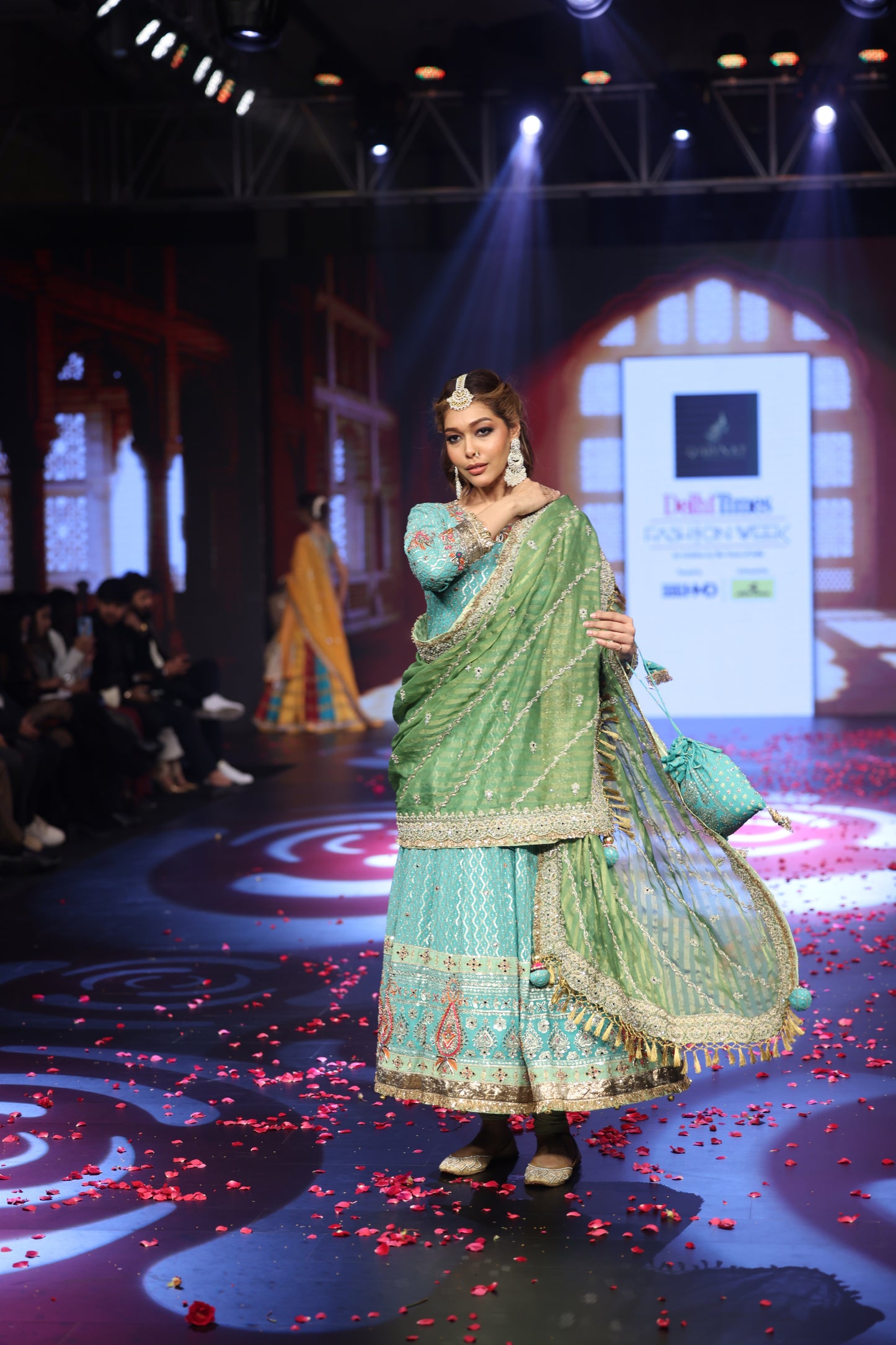 Ghungroo Turquoise Hand-Embroidered Zari Aari Silk Anarkali with Green Dupatta
