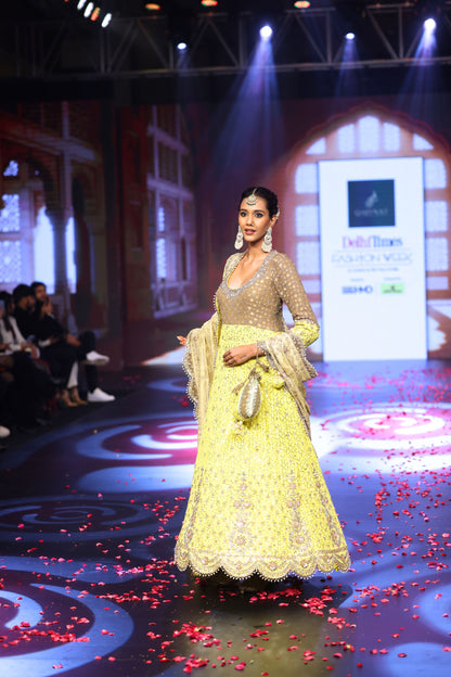 Ghungroo Beige & Yellow Hand-Embroidered Silk Anarkali with Dupatta