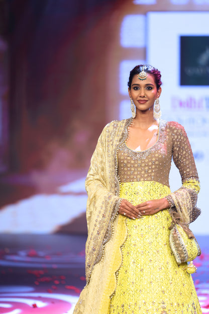 Ghungroo Beige & Yellow Hand-Embroidered Silk Anarkali with Dupatta