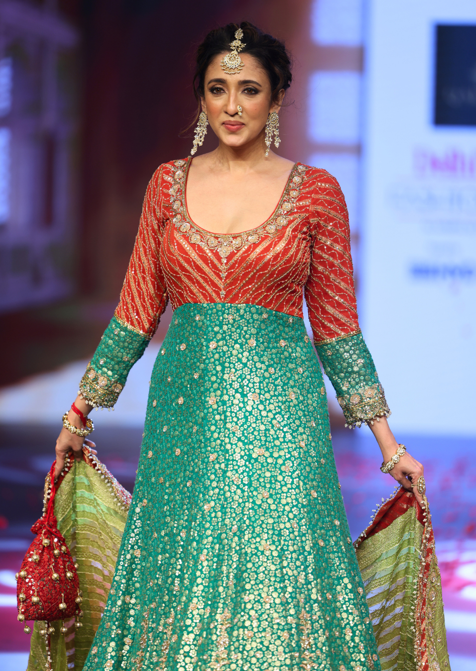 Ghungroo Green and Red Hand Embroidered Silk Anarkali with Hand-Embellished Dupatta
