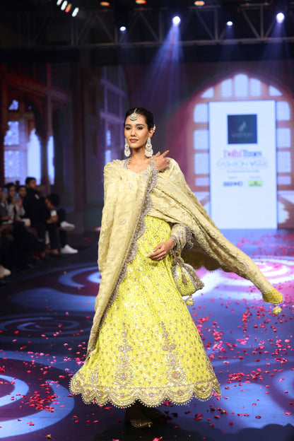 Ghungroo Beige & Yellow Hand-Embroidered Silk Anarkali with Dupatta