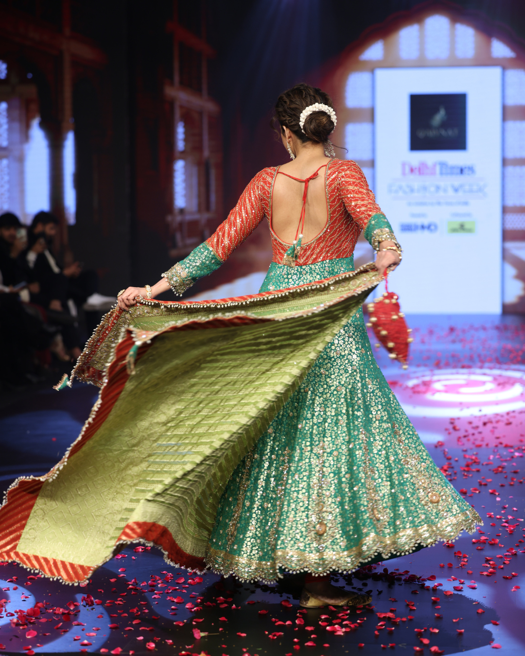 Ghungroo Green and Red Hand Embroidered Silk Anarkali with Hand-Embellished Dupatta