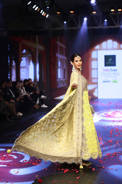 Ghungroo Beige & Yellow Hand-Embroidered Silk Anarkali with Dupatta