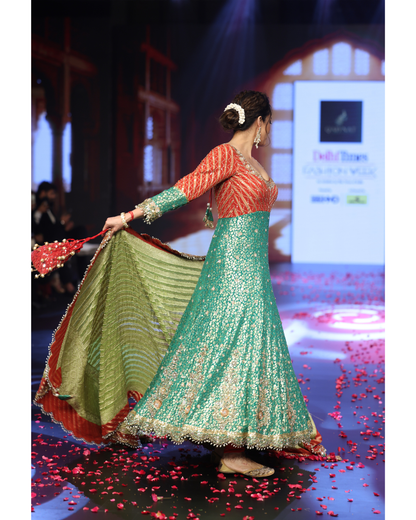 Ghungroo Green and Red Hand Embroidered Silk Anarkali with Hand-Embellished Dupatta