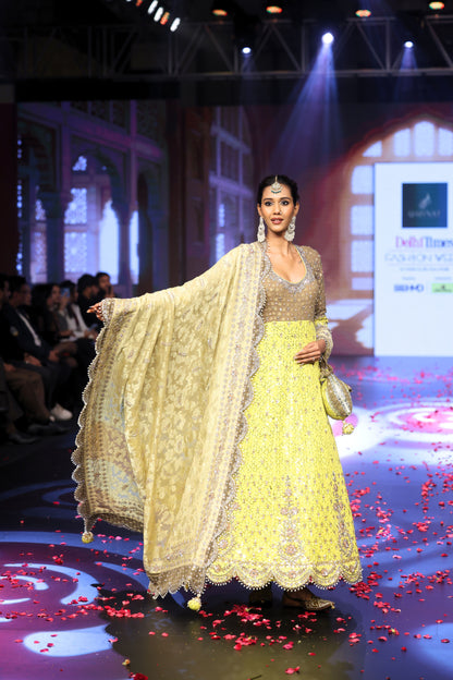 Ghungroo Beige & Yellow Hand-Embroidered Silk Anarkali with Dupatta