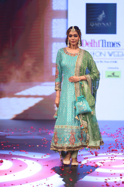 Ghungroo Turquoise Hand-Embroidered Zari Aari Silk Anarkali with Green Dupatta