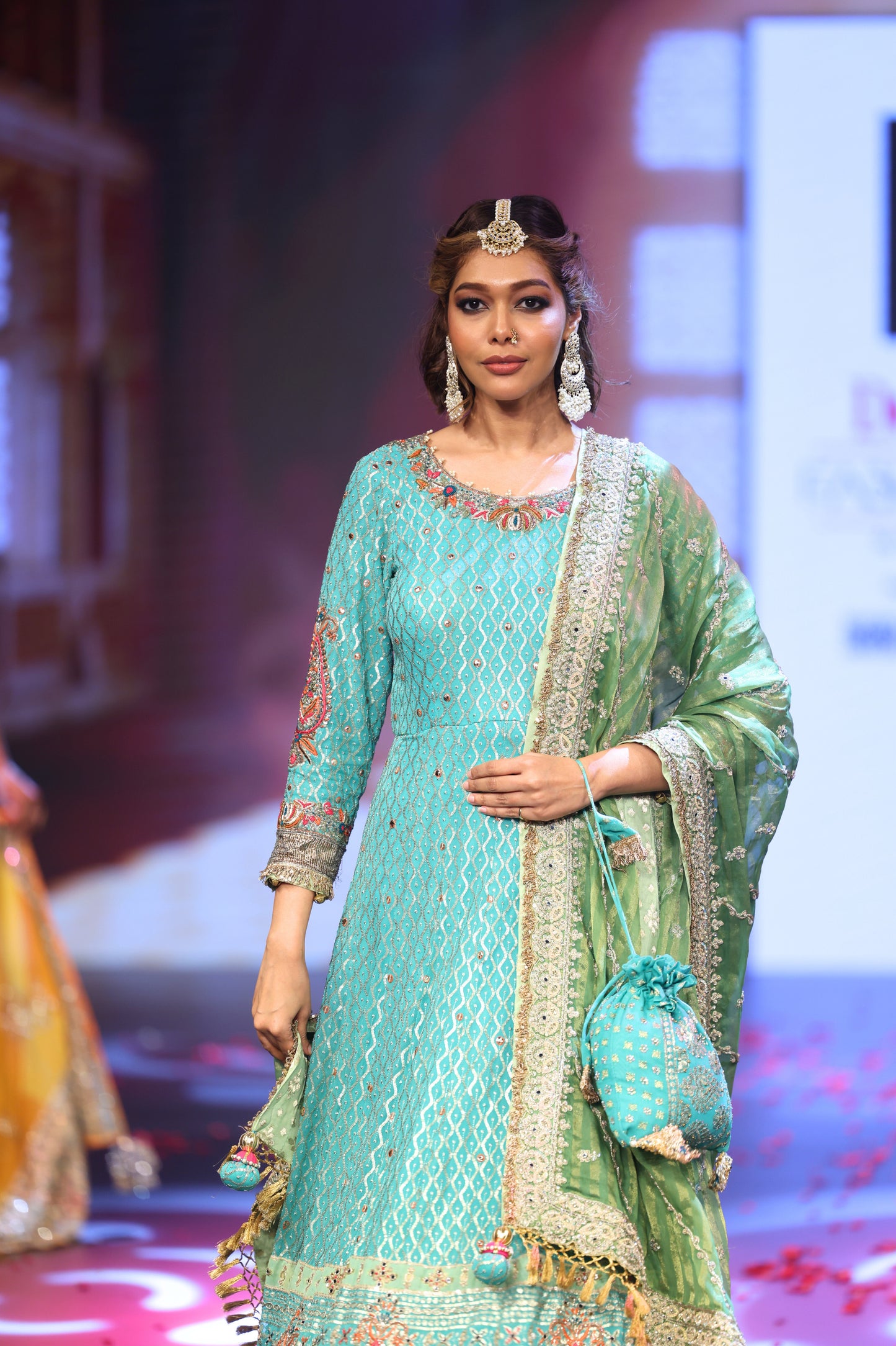 Ghungroo Turquoise Hand-Embroidered Zari Aari Silk Anarkali with Green Dupatta