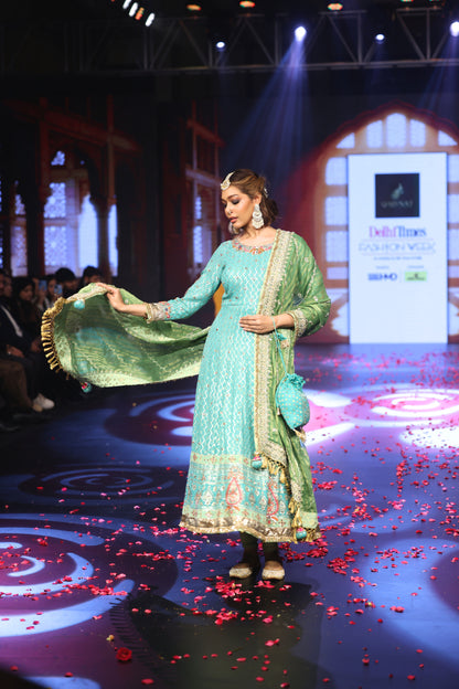 Ghungroo Turquoise Hand-Embroidered Zari Aari Silk Anarkali with Green Dupatta