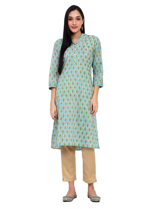 Aqua Marine Cotton Printed Kurta