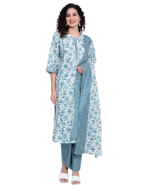 Blue Organic Cotton Printed Kurta Set