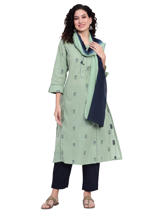 Green Organic Cotton Woven Kurta Set