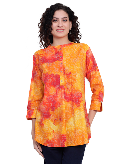 Orange Foil Printed Cotton Short Kurta