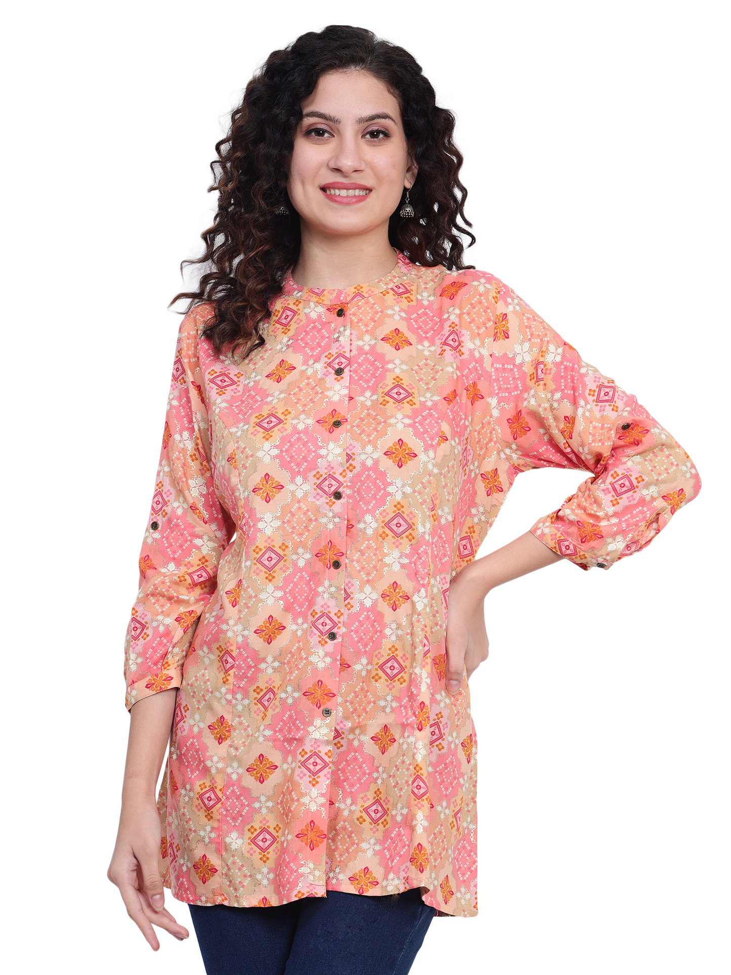 Peach Foil Printed Rayon Silk Short Kurta