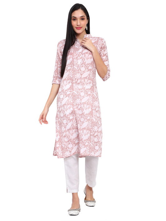 Peach Cotton Printed Kurta