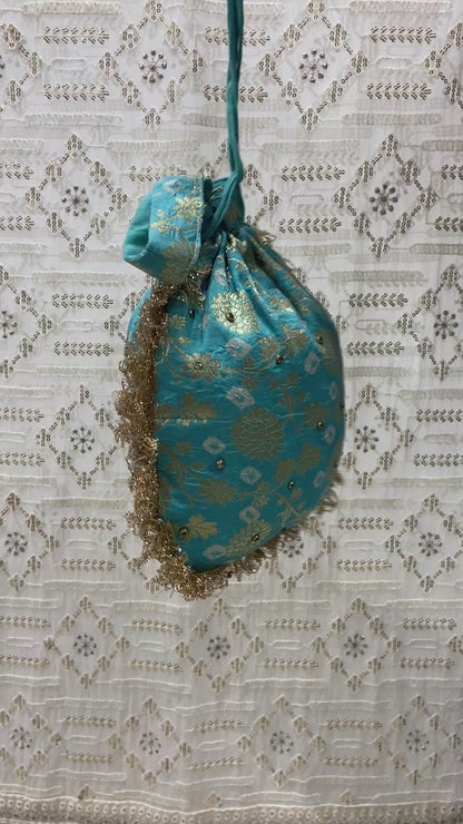 Blue Bandhej Banarsi Hand Embellished Potli