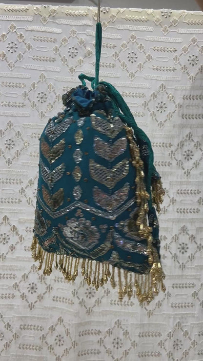 Blue Hand-Embroidered Potli