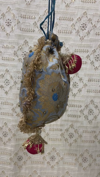 Grey Kundan Work Handcrafted Banarsi Potli