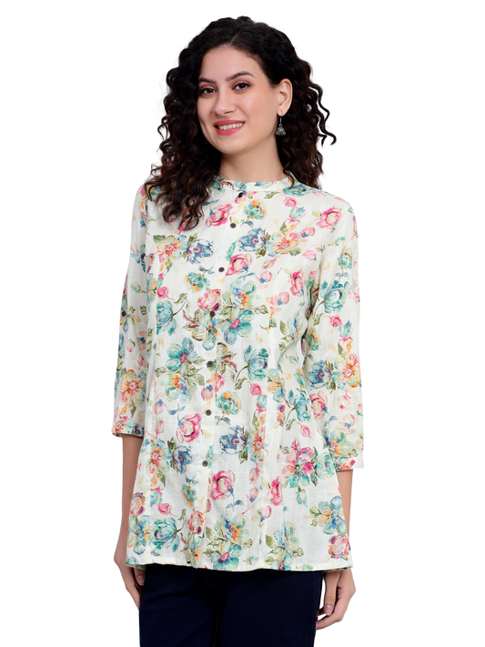 White Foil Printed Rayon Silk Short Kurta