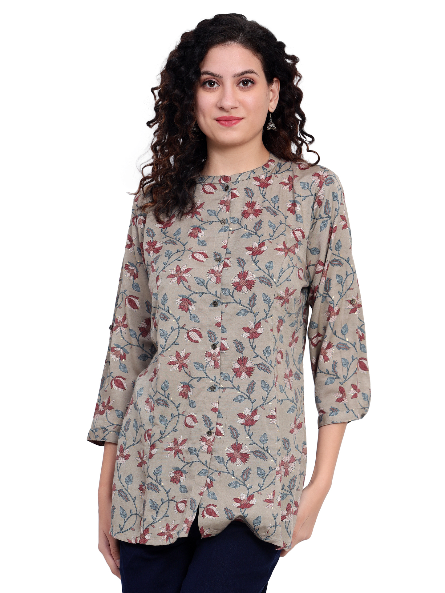 Taupe Foil Printed Rayon Silk Short Kurta